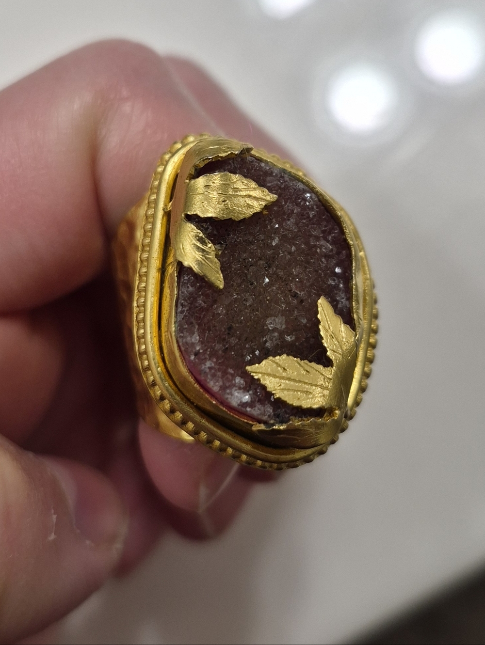 Gold Leaf Accent Purple Druzy Cocktail Ring